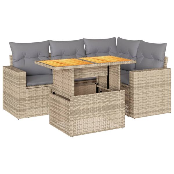 vidaXL 5-delige Loungeset met kussens poly rattan beige