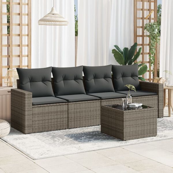 vidaXL 5-delige Loungeset met kussens poly rattan grijs