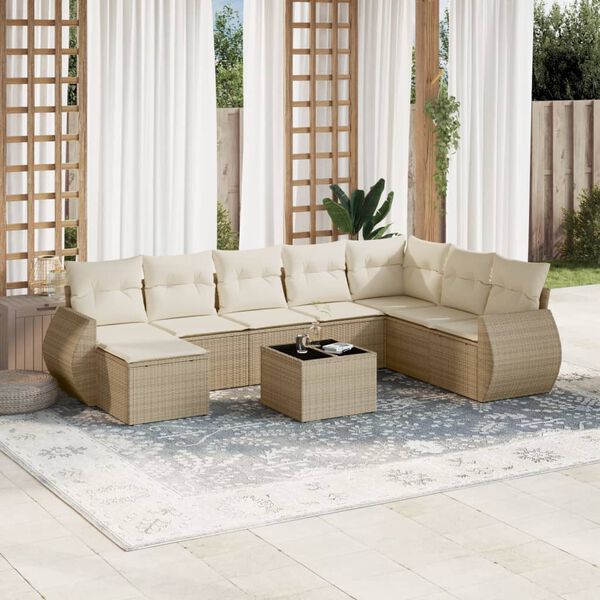 vidaXL 9-delige Loungeset met kussens poly rattan beige