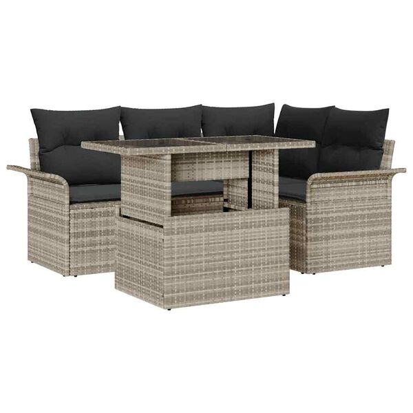 vidaXL Tuin Sofa Set met kussen met opslag 5 pcs Lichtgrijs Poly riet