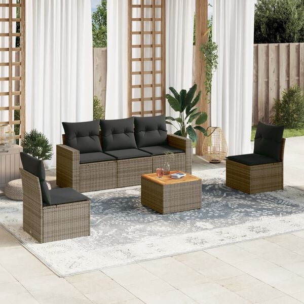vidaXL 6-delige Loungeset met kussens poly rattan grijs