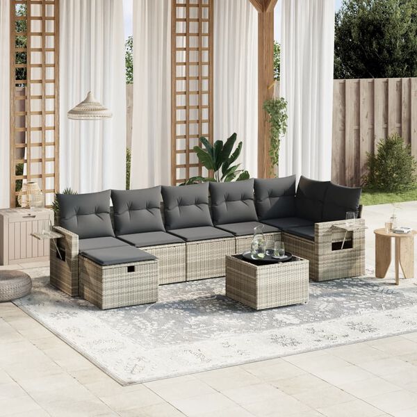vidaXL 8-delige Loungeset met kussens poly rattan lichtgrijs