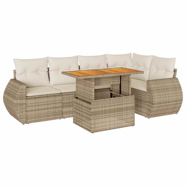 vidaXL 6-delige Loungeset met kussens poly rattan beige