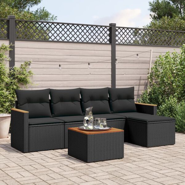 vidaXL 6-delige Loungeset met kussens poly rattan zwart