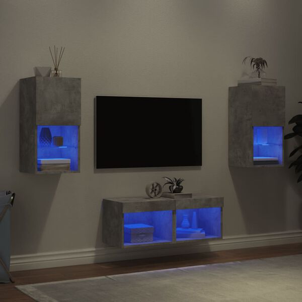vidaXL 4-delige tv-wandmeubelset met LED-verlichting betongrijs