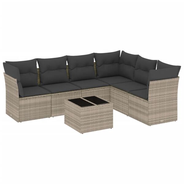 vidaXL 7-delige Loungeset met kussens poly rattan lichtgrijs