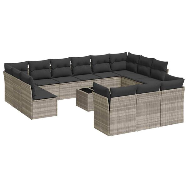 vidaXL 14-delige Loungeset met kussens poly rattan lichtgrijs