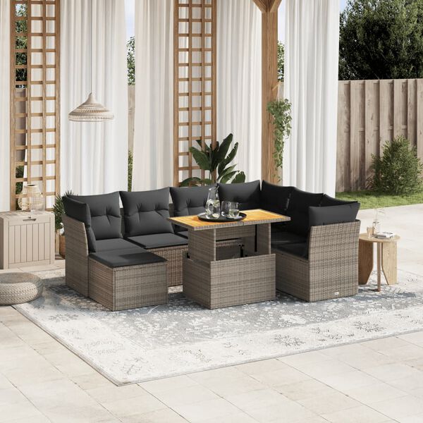 vidaXL 8-delige Loungeset met kussens poly rattan grijs