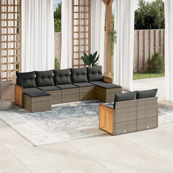 vidaXL 9-delige Loungeset met kussens poly rattan grijs