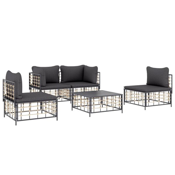 vidaXL 5-delige Loungeset met kussens poly rattan antracietkleurig