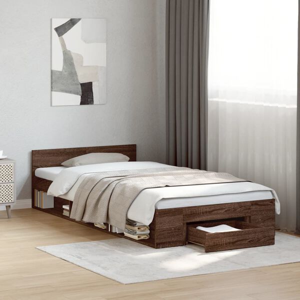 vidaXL Bedframe met lade bewerkt hout bruin eikenkleurig 90x200 cm