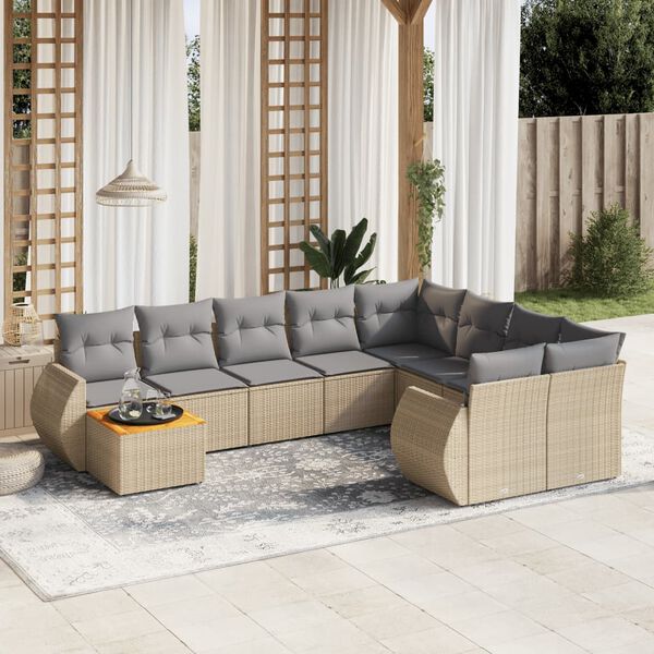 vidaXL 10-delige Loungeset met kussens poly rattan beige