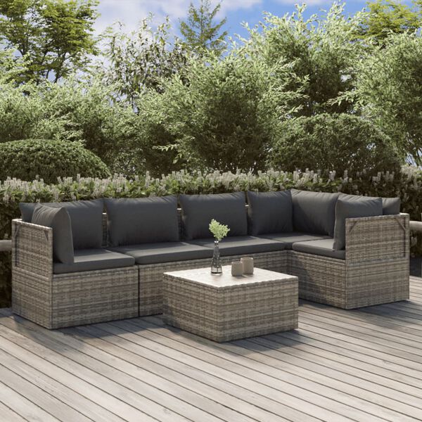 vidaXL 6-delige Loungeset met kussens poly rattan grijs