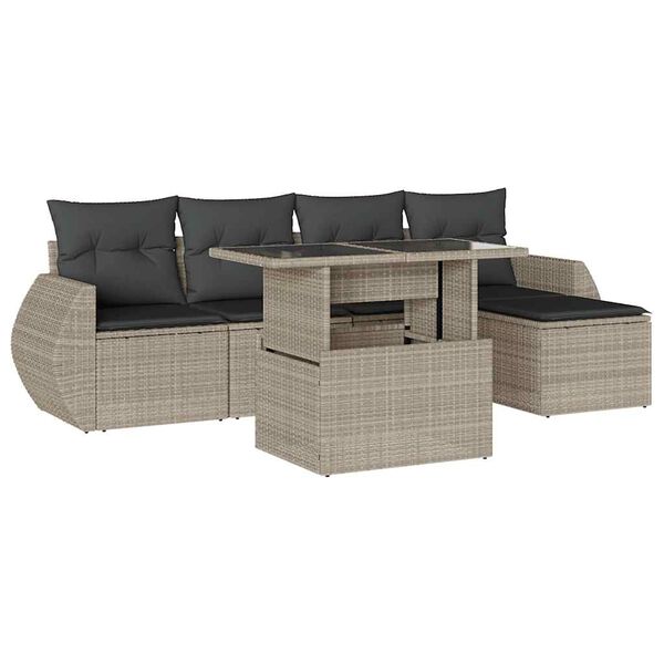 vidaXL 6-delige Loungeset met kussens poly rattan lichtgrijs