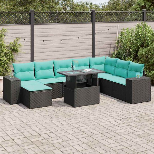 vidaXL 9-delige Loungeset met kussens poly rattan acacia zwart