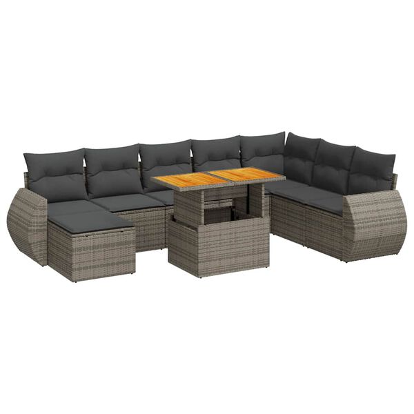 vidaXL 9-delige Loungeset met kussens poly rattan grijs