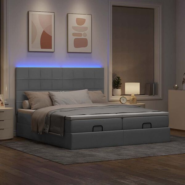 vidaXL Ottoman bed met matrassen en LED's 200x200cm stof lichtgrijs