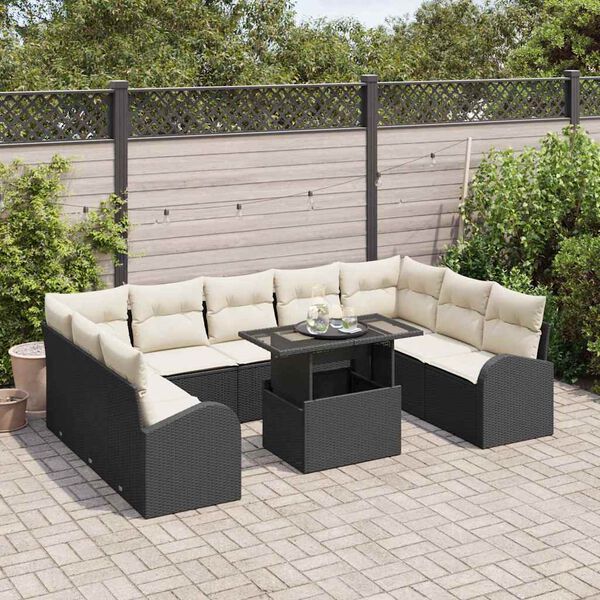 vidaXL Bankstel met kussen 10 pcs Zwart en Cr&egrave;me poly rattan