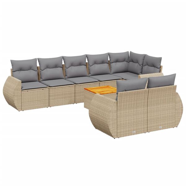 vidaXL 9-delige Loungeset met kussens poly rattan beige