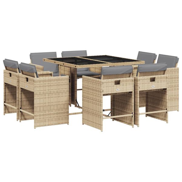 vidaXL 9-delige Tuinset met kussens poly rattan gemengd beige
