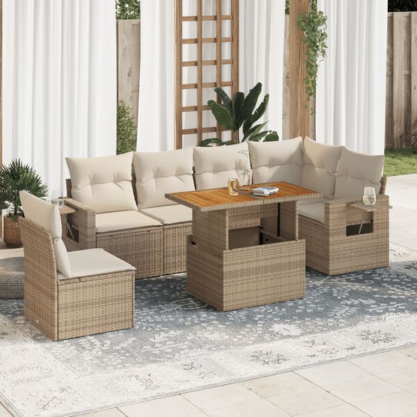 vidaXL 7-delige Loungeset met kussens poly rattan beige