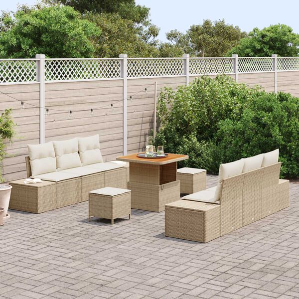 vidaXL Tuinbankenset met kussen met opslag 9 pcs Beige Poly riet