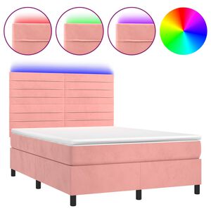 vidaXL Boxspring met matras en LED fluweel roze 140x190 cm