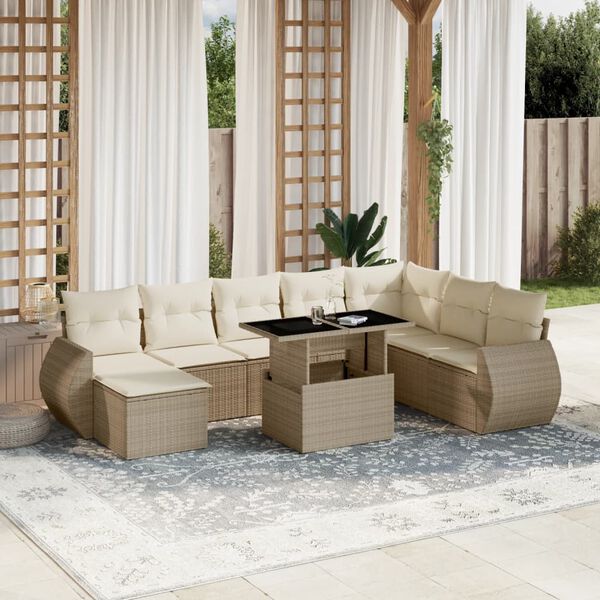 vidaXL 9-delige Loungeset met kussens poly rattan beige