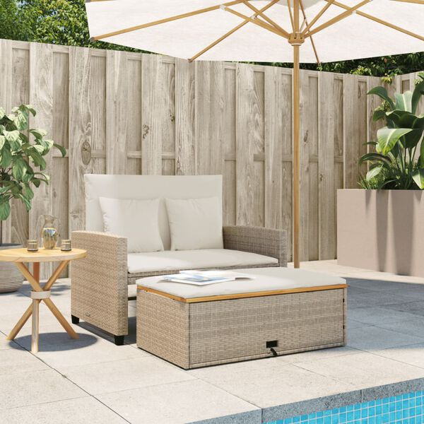 vidaXL Tuinbank 2-zits met kussens poly rattan en acaciahout beige