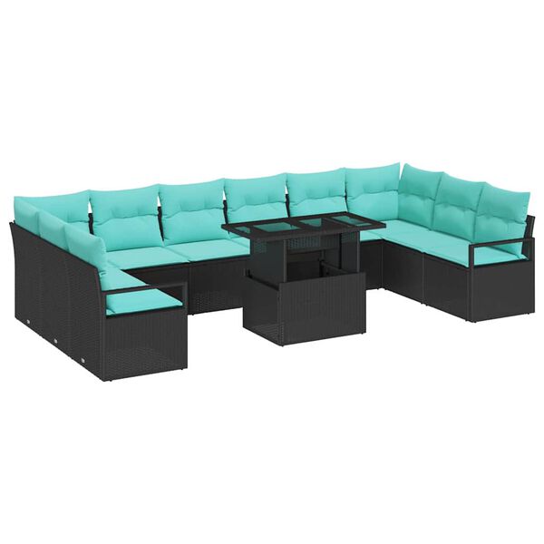 vidaXL Tuin Sofa Set met kussen 11 pcs Zwart en blauw poly rattan