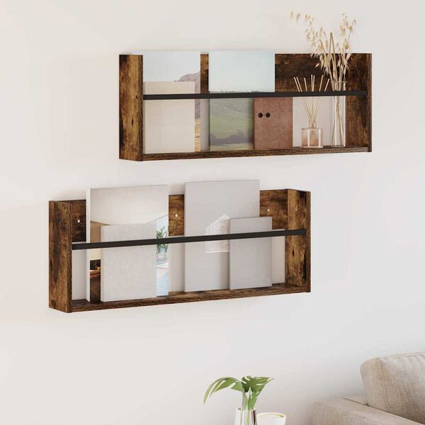 vidaXL Tijdschrift Rek met plank 2 pcs Gerookt eiken 80 x 12 x 30 cm