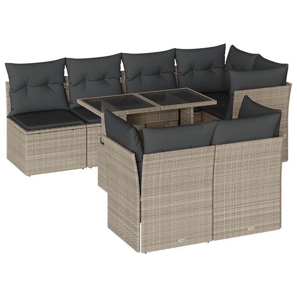 vidaXL 8-delige Loungeset met kussens poly rattan lichtgrijs