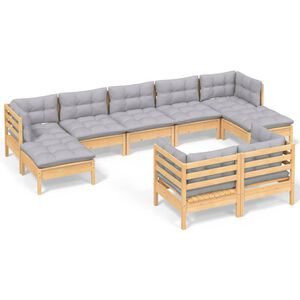 vidaXL 9-delige Loungeset met grijze kussens massief grenenhout