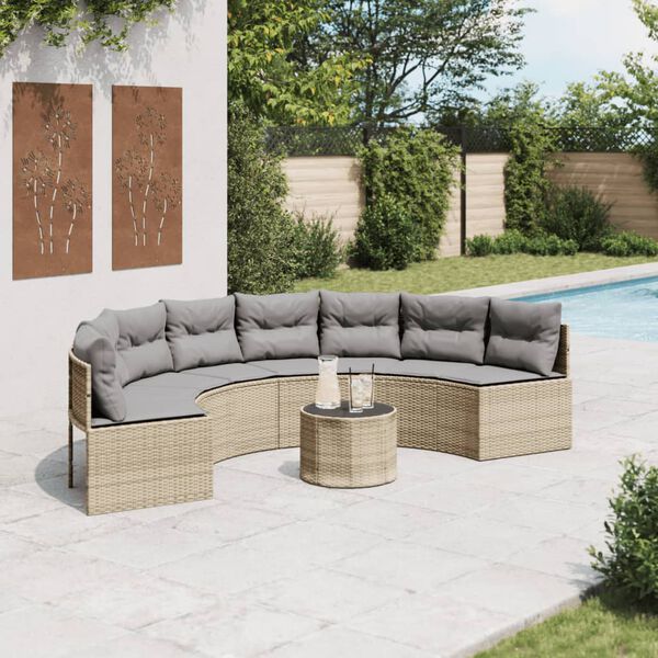 vidaXL Tuinbank met tafel en kussens halfrond poly rattan beige