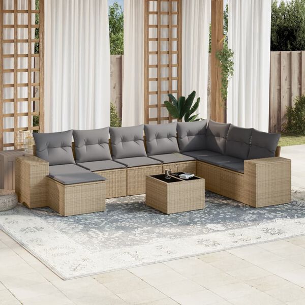 vidaXL 9-delige Loungeset met kussens poly rattan beige