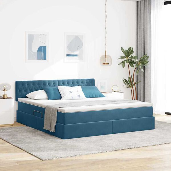 vidaXL Opbergbed met LED met matras Donkerblauw 160 x 200 cm Fluweel