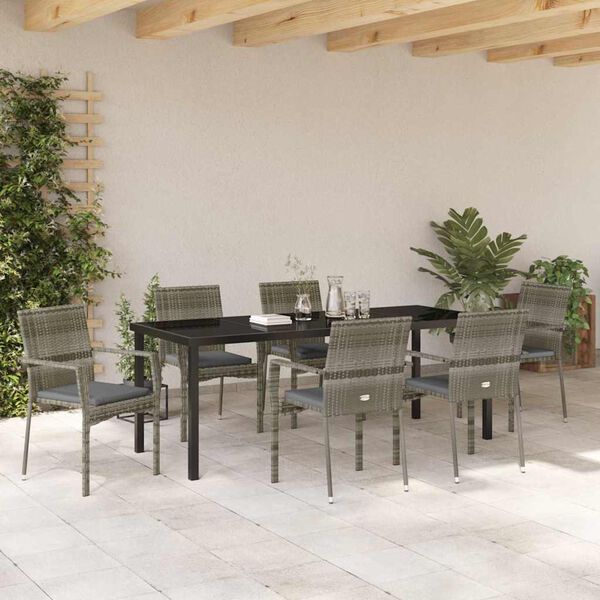 vidaXL Tuin eettafelset met kussen 7 pcs Grijs poly rattan