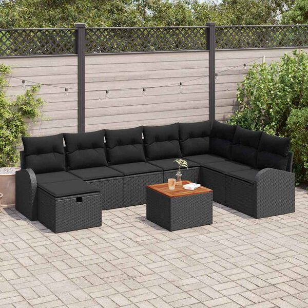 vidaXL Tuinbankenset met kussen met opslag 9 pcs Zwart poly rattan
