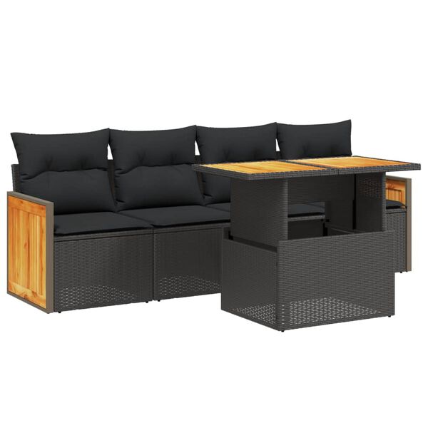 vidaXL 5-delige Loungeset met kussens poly rattan zwart