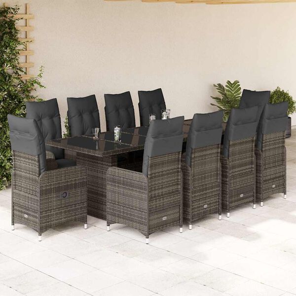vidaXL 11-delige Bistroset met kussens poly rattan grijs