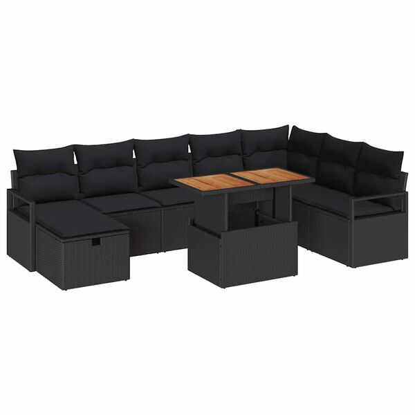 vidaXL Tuinbankenset met kussen met opslag 9 pcs Zwart poly rattan
