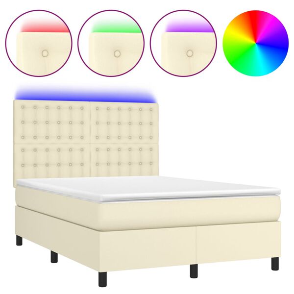 vidaXL Boxspring met matras en LED kunstleer cr&egrave;mekleurig 140x200 cm