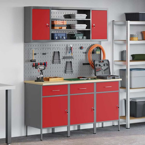 vidaXL Werk kast met lade met slot 7 pcs Rood Engineered hout en staal