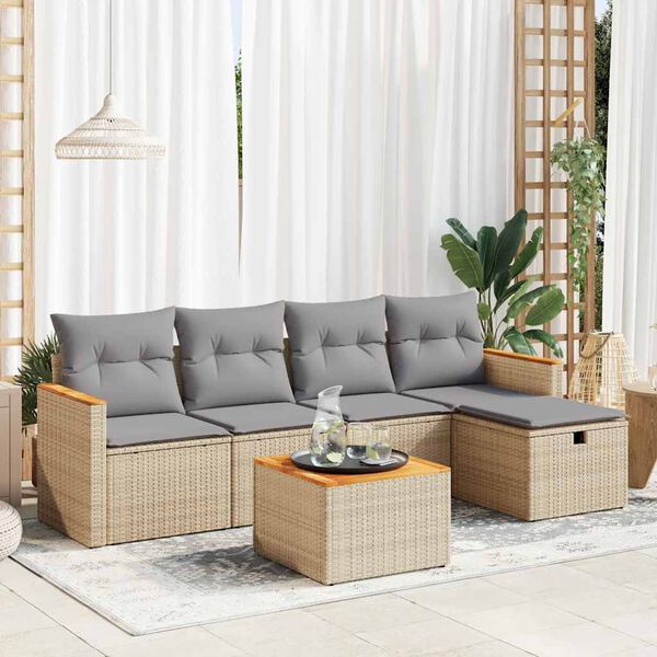 vidaXL 6-delige Loungeset met kussens poly rattan beige