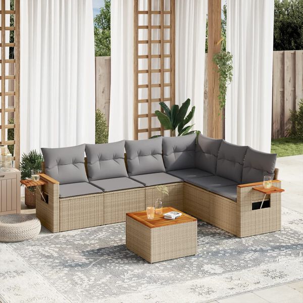 vidaXL 7-delige Loungeset met kussens poly rattan beige