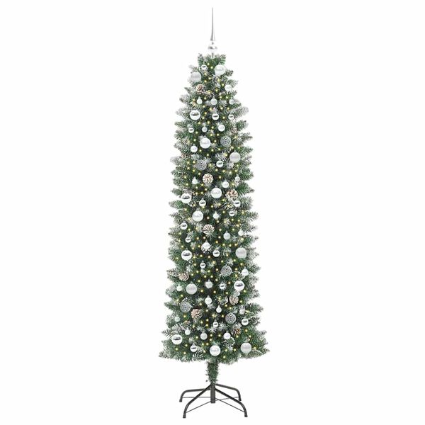 vidaXL Kunstmatige slanke kerstboom met 300 LED Groen en Wit 210 cm