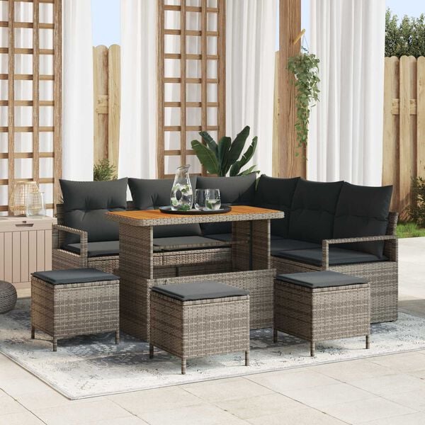 vidaXL Tuinbankenset met kussen 9 pcs Grijs poly rattan