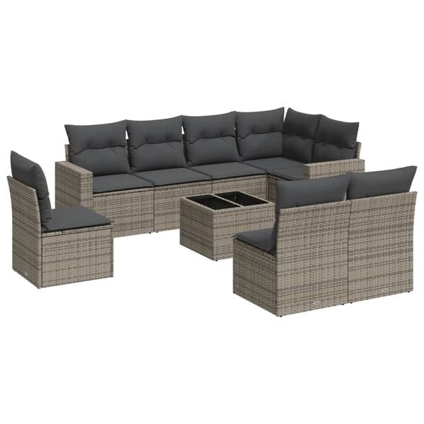 vidaXL 9-delige Loungeset met kussens poly rattan grijs