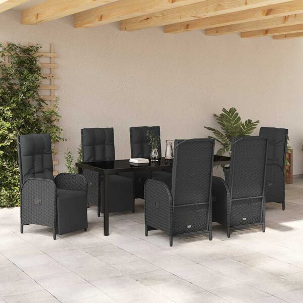 vidaXL Tuin eettafelset met kussen 7 pcs Zwart poly rattan