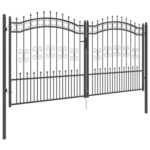 vidaXL Hekpoort met Spear Boven met slot Grijs 305 x 150 cm Staal